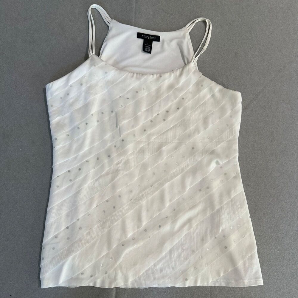White House Black Market Top Womens L White Silver Metallic Polka Dot Cami Layer